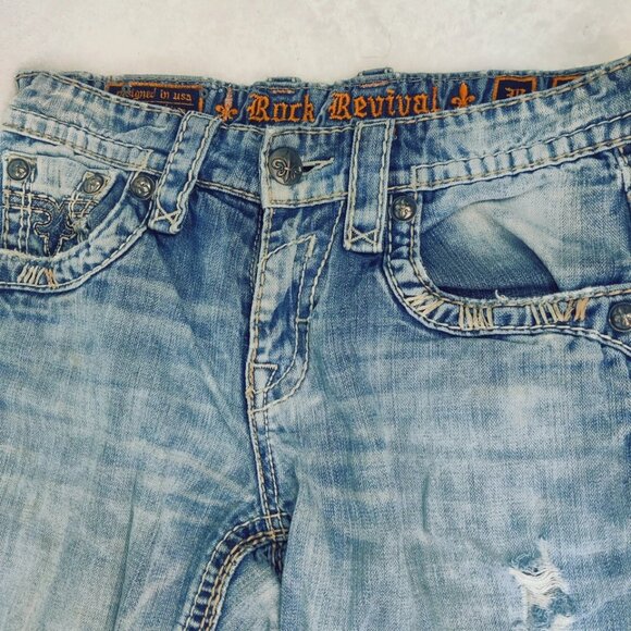 Mens Rock Revival JAMES Straight Jeans Leather Inserts Flap Pockets 30x28 - Picture 4 of 16